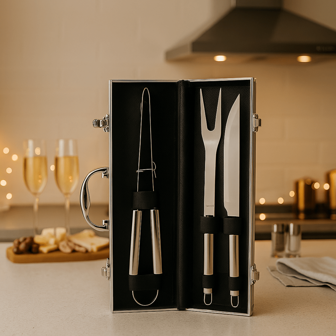 Brinde Natal Final de Ano Personalizado Kit Churrasco Maleta Alumínio 3 peças Aço Inox X02759B