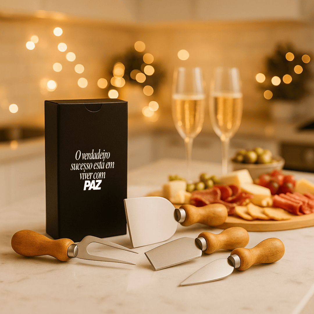 Brinde Natal Final de Ano Personalizado Kit Queijo 4 Peças Inox / Madeira SMCJ-00043