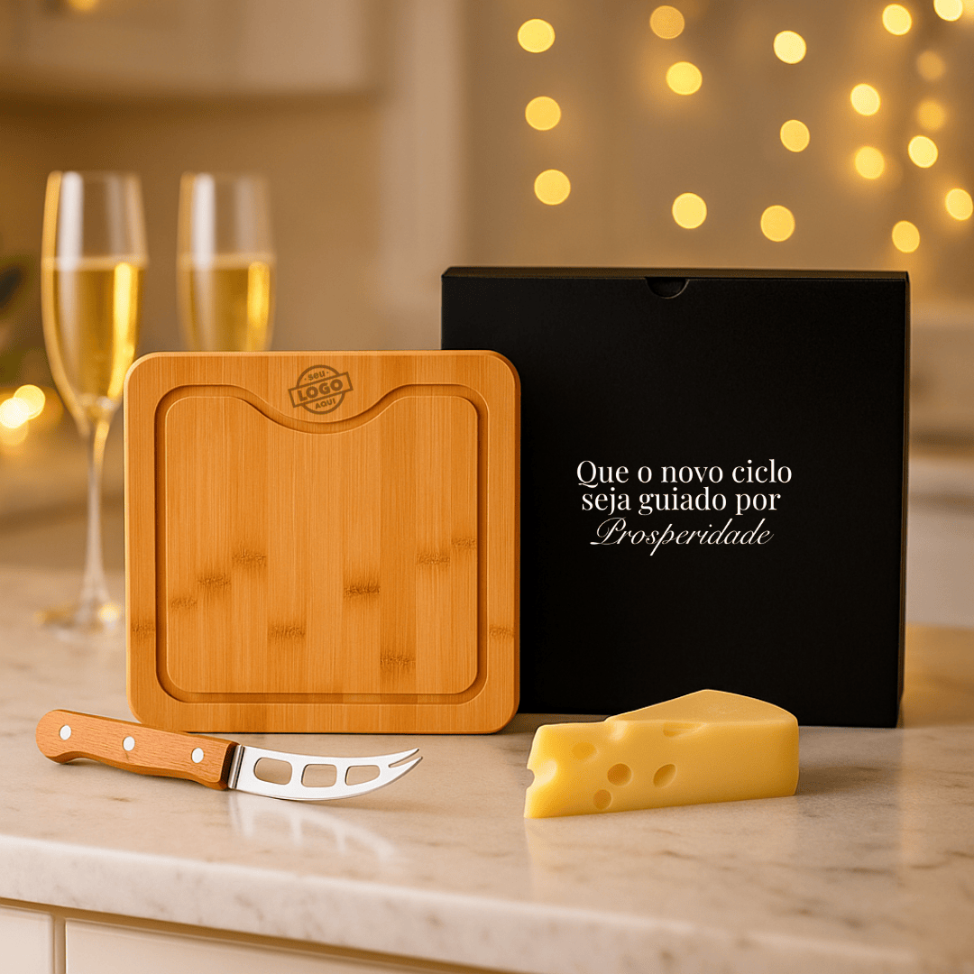 Brinde Natal Final de Ano Personalizado Kit Queijo Bambu e Inox 2 Peças SMPD-80073