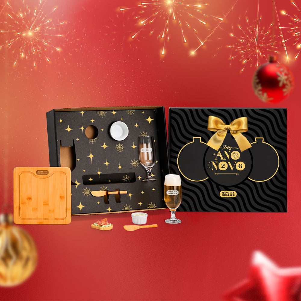 Brinde Natal Final de Ano Personalizado Kit Queijo Bambu e Vidro SMKT-90478