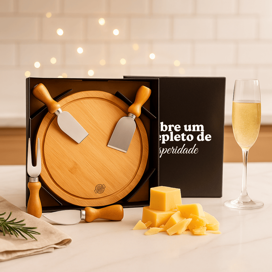 Brinde Natal Final de Ano Personalizado Kit Queijo Bambu / Madeira e Inox SMPD-15043