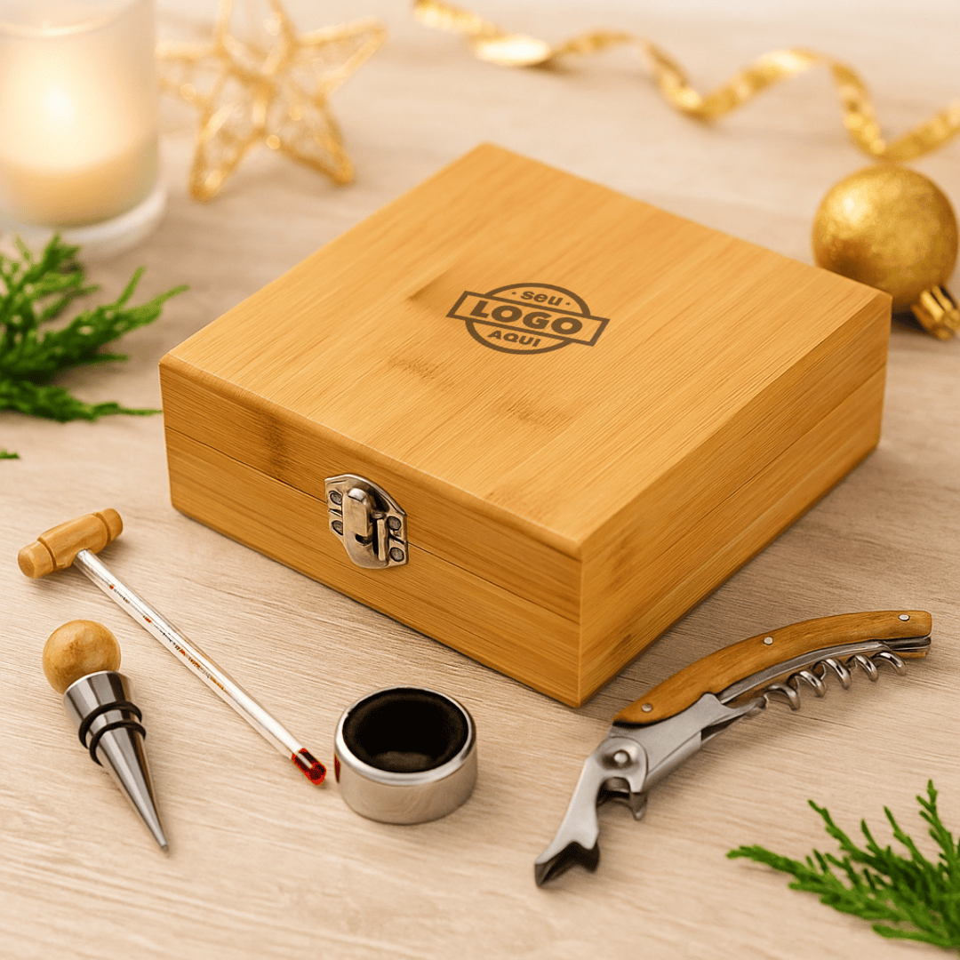 Brinde Natal Final de Ano Personalizado Kit Vinho 4 Peças Saca Rolhas, Gargantilha, Termômetro e Rolha Metal SP94190