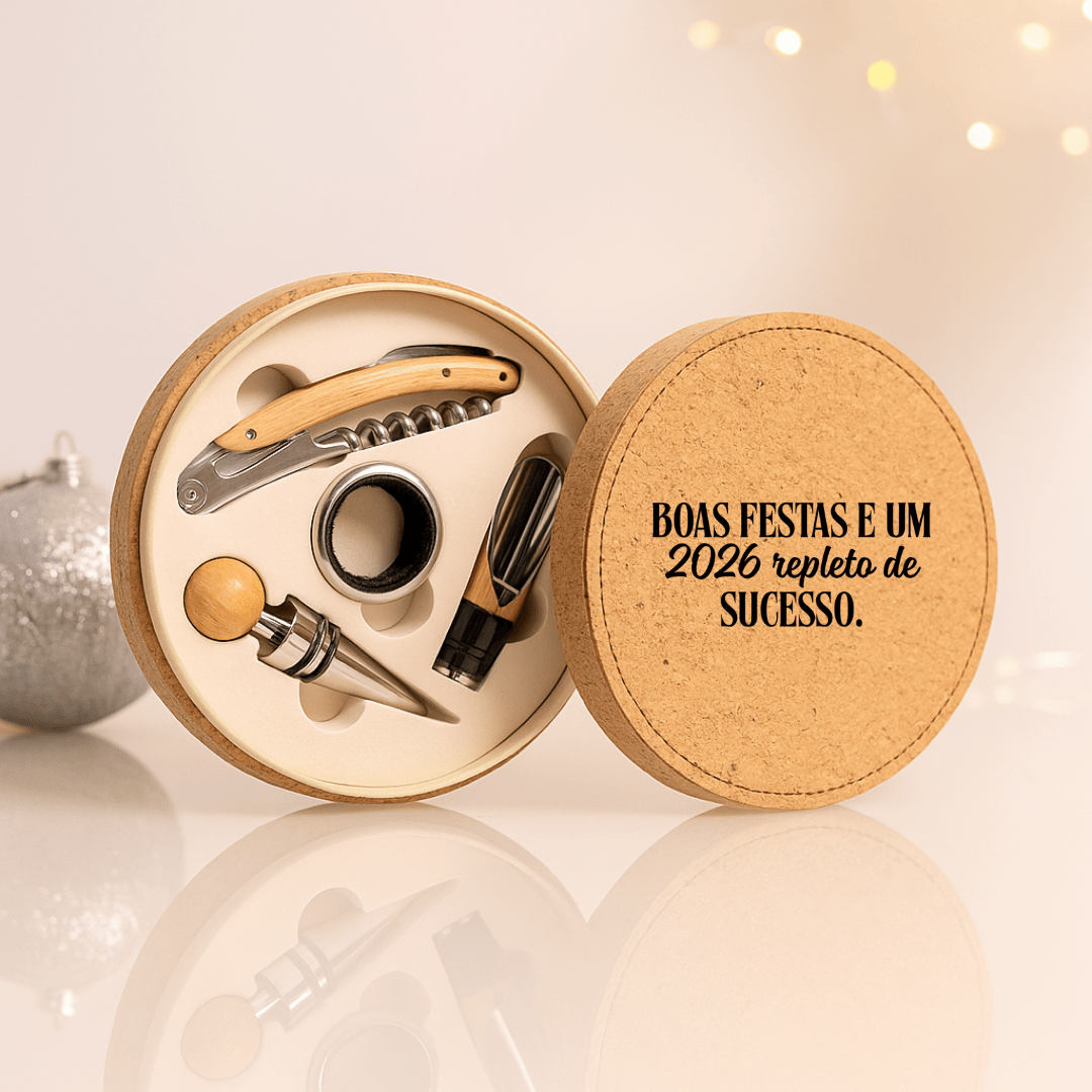 Brinde Natal Final de Ano Personalizado Kit Vinho Personalizado Cortiça 4 Peças ASIKV0130 