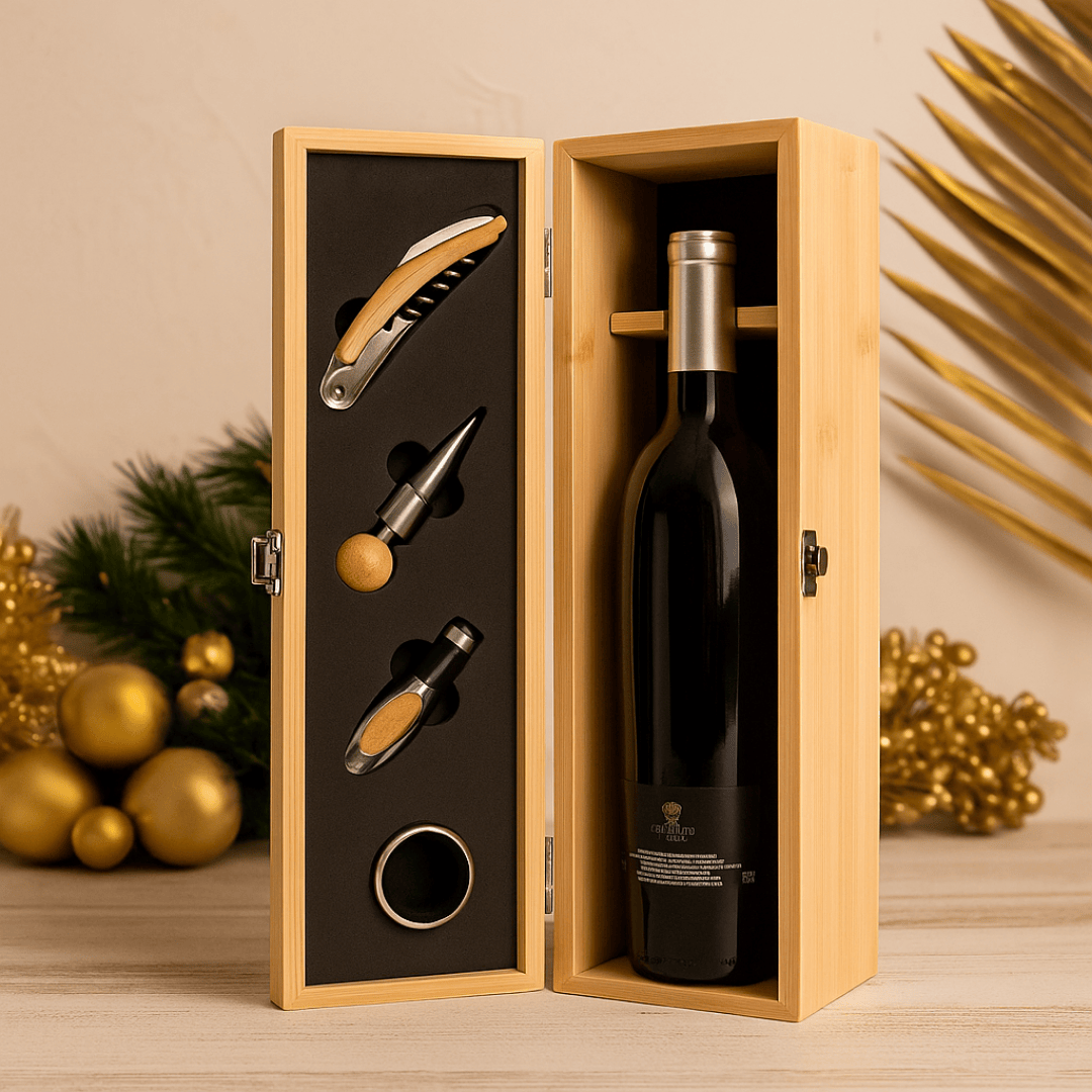 Brinde Natal Final de Ano Personalizado Kit Vinho Personalizado Cortiça 4 Peças ASIKV0150