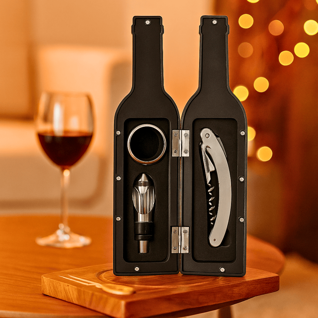 Brinde Natal Final de Ano Personalizado Kit Vinho Saca Rolha Bico Condutor Wine Collar 3 Peças X11871