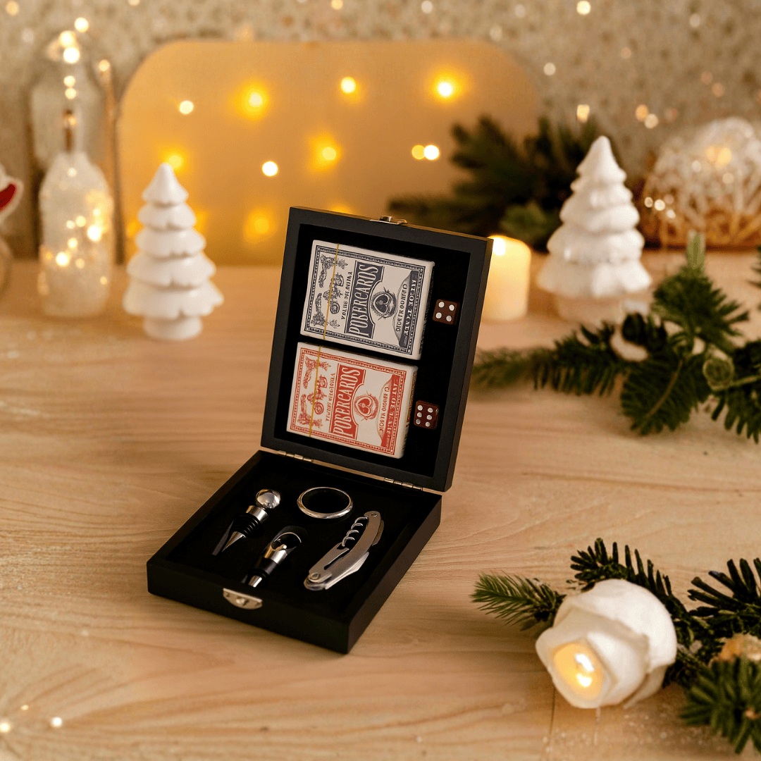 Brinde Natal Final de Ano Personalizado Kit Vinho Saca Rolha Bico Condutor Wine Collar Tampa de Bico Jogo Baralho X08128