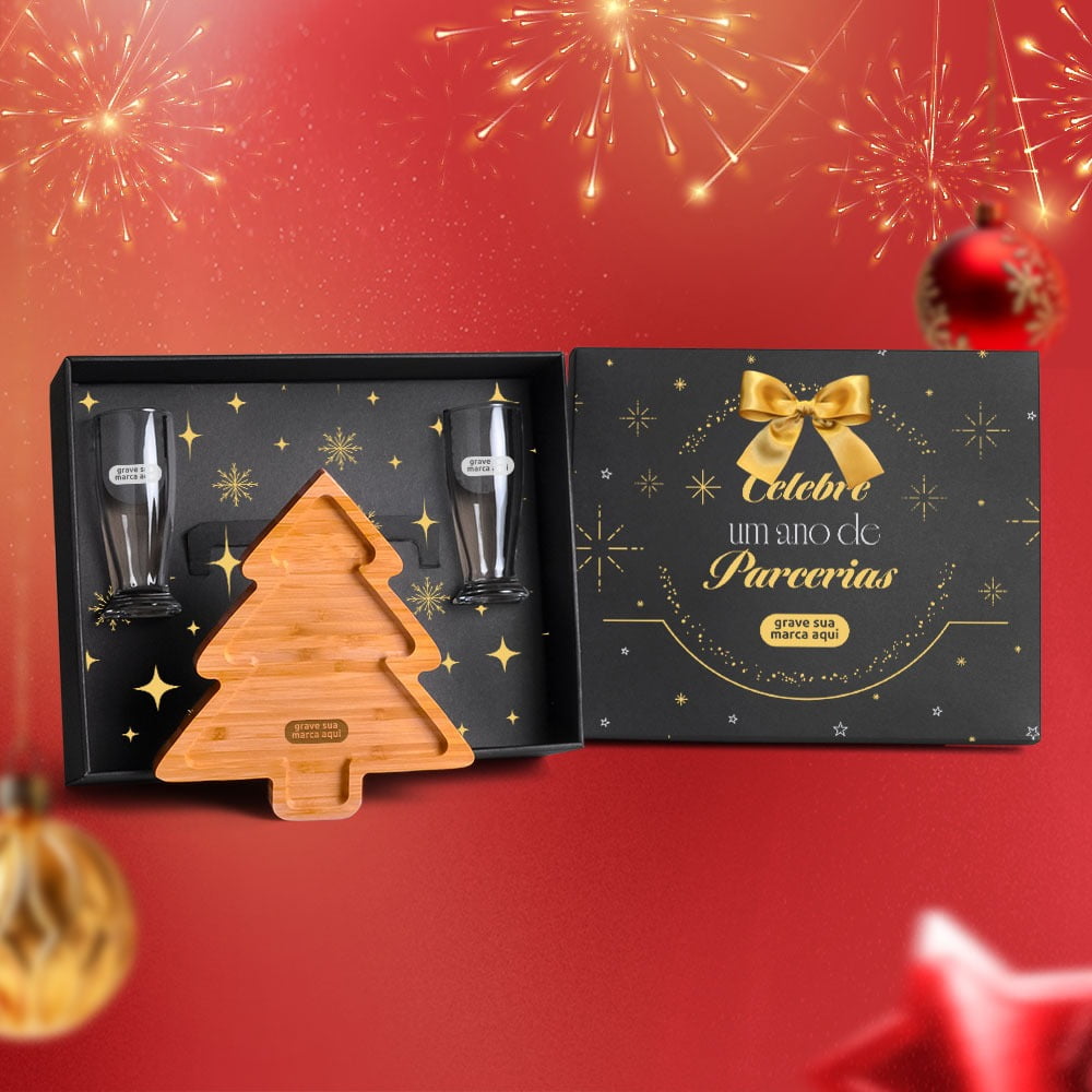 Brinde Natal Final de Ano Personalizado Kit Petisco e Cerveja Bambu 3 Peças SMKT-90292