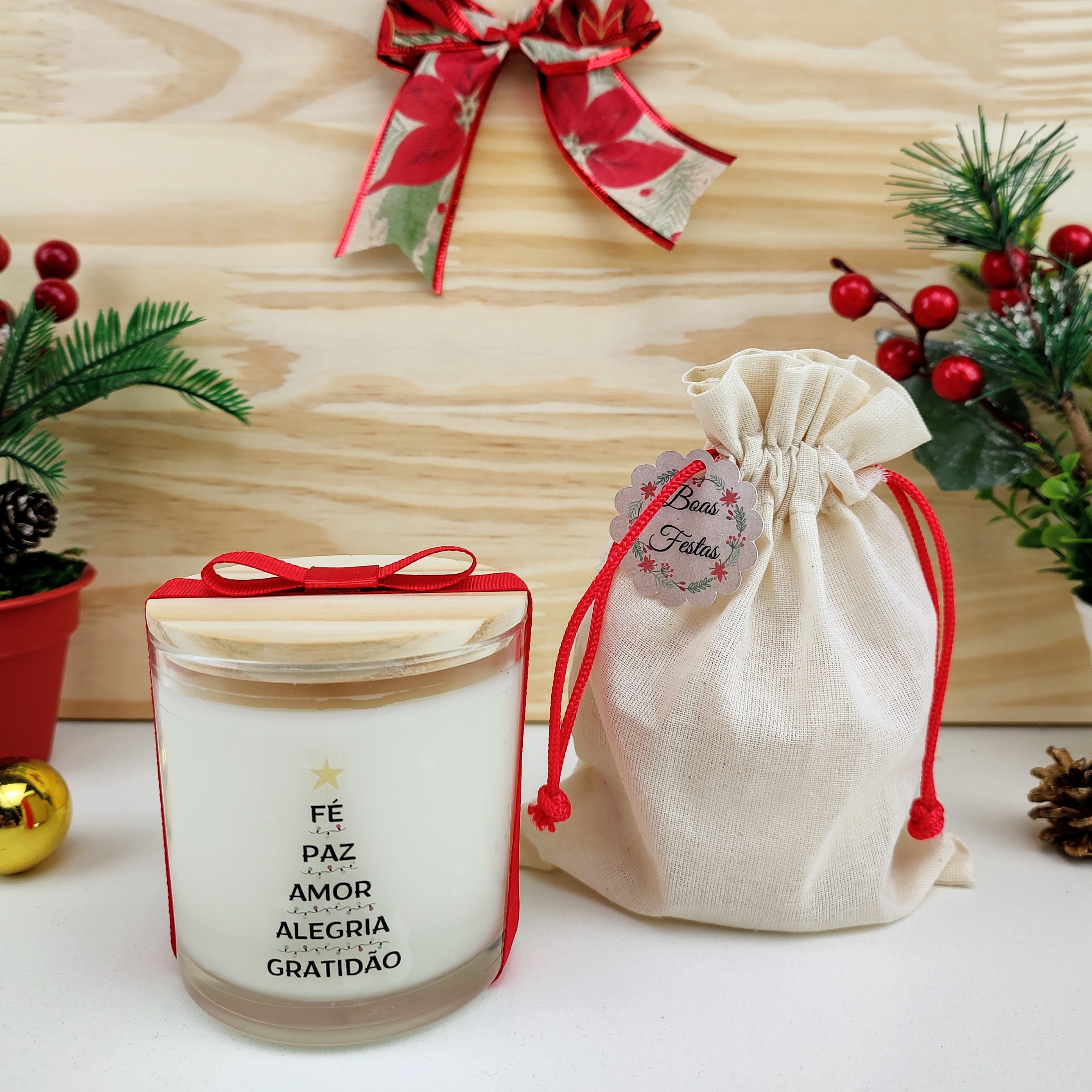 Lembrancinha de Natal Vela Aromática 200g Saco Algodão