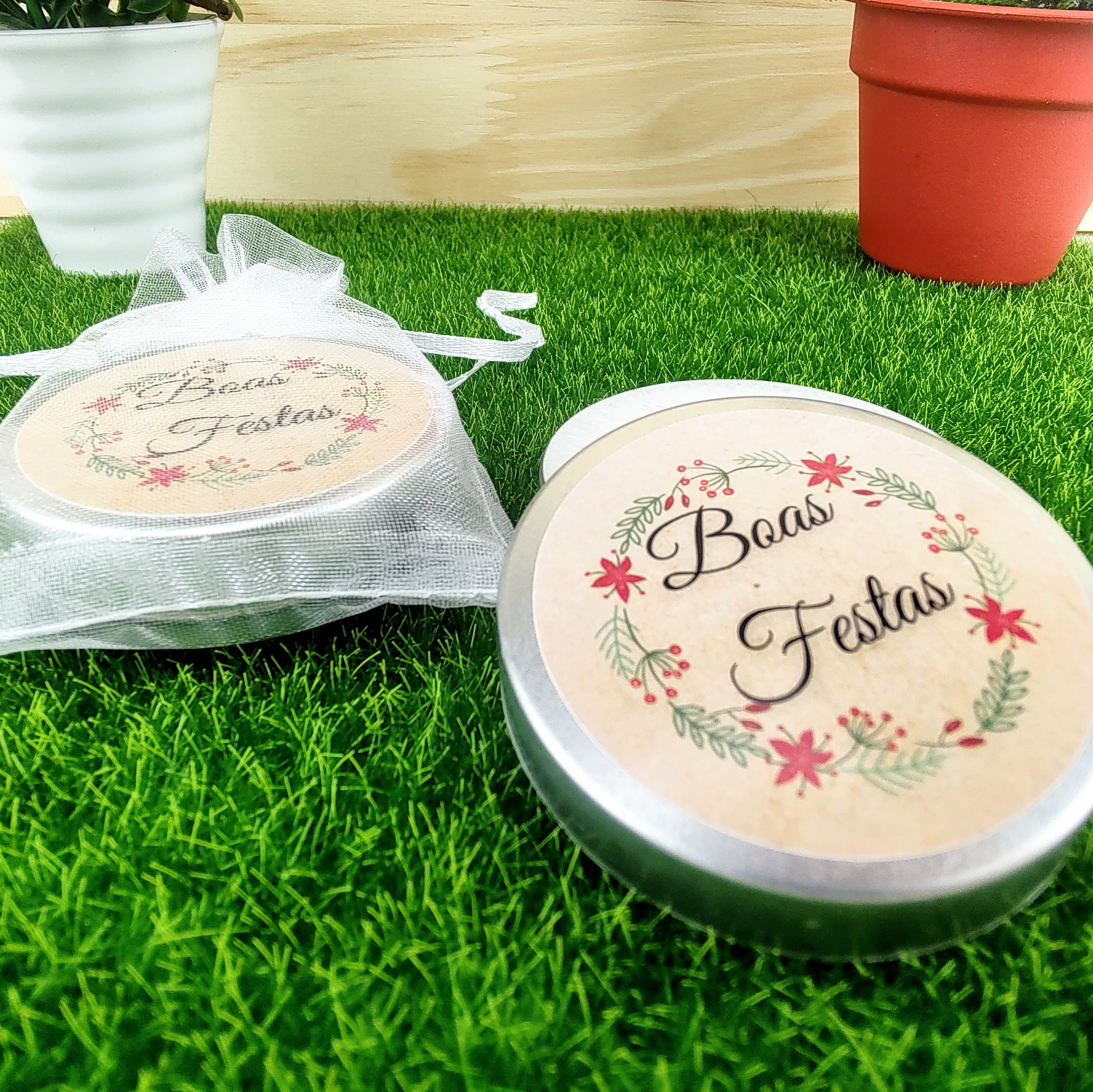 Lembrancinha de Natal Vela Aromática na Latinha Organza 