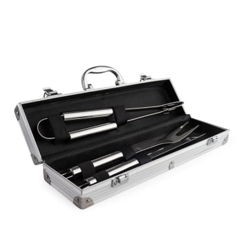 Brinde Natal Final de Ano Personalizado Kit Churrasco Maleta Alumínio 3 peças Aço Inox X02759B