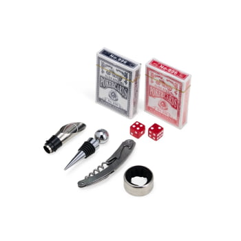 Brinde Natal Final de Ano Personalizado Kit Vinho Saca Rolha Bico Condutor Wine Collar Tampa de Bico Jogo Baralho X08128