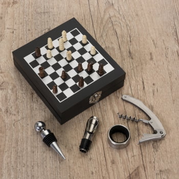 Brinde Natal Final de Ano Personalizado Kit Vinho Xadrez 4 Peças X12046