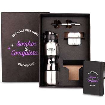 Kit Boas Vindas Personalizado Squeeze e Acessorios 4 Peças SMKT-90218-BV Brindes Personalizados