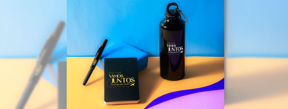 Kit Aniversário de Colaborador Personalizado Garrafa Caneta e Bloco 3 Peças SMKT-90235-ADC Brindes Personalizados