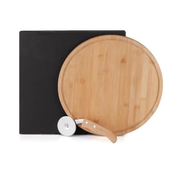 Kit Aniversário de Colaborador Personalizado Pizza Madeira / Inox / Bambu 2 Peças SMPD-10123-ADC Brindes Personalizados