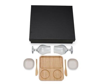 Brinde de Tempo de Casa Colaborador Personalizado Kit Petisco Bambu e Vidro 7 Peças SMKT-9021B-TDCC Brinde Personalizado