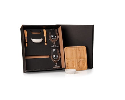 Brinde de Tempo de Casa Colaborador Personalizado Kit Petisco Bambu e Vidro 7 Peças SMKT-9021B-TDCC Brinde Personalizado