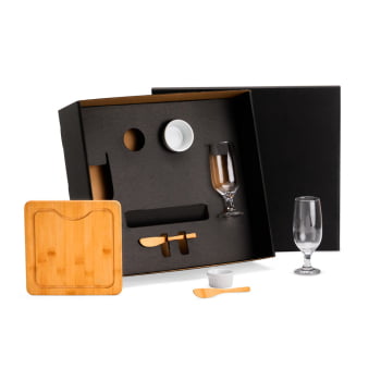 Brinde Aniversário de Empresa Personalizado Kit Queijo Bambu e Vidro 7 Peças SMKT-90479-ADE Brindes Personalizados 