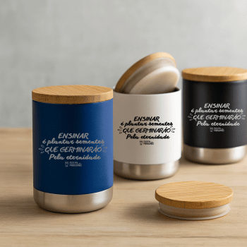 Brinde Presente Dia dos Professores Personalizado Copo Térmico Personalizado em Aço Inox 370 ml Tampa Bambu SP94661-PROF