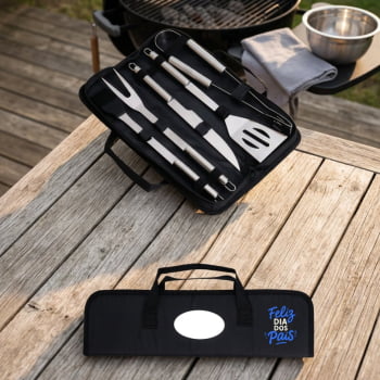 Brinde Presente dia dos Pais Kit Churrasco Personalizado Estojo de Nylon 5 Peças Aço Inoxidável X08217-PAI