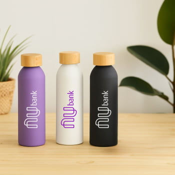 Brinde Presente Dia dos Pais Personalizado Garrafa Squeeze Alumínio 550 ml Emborrachado com Tampa Bambu SP94256-PAI