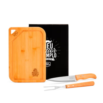 Brinde Presente Dia dos Pais Personalizado Kit Churrasco Bambu e Faca SMMX-70066-PAI