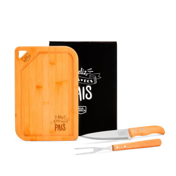 Brinde Presente Dia dos Pais Personalizado Kit Churrasco Bambu e Faca SMMX-70066-PAI