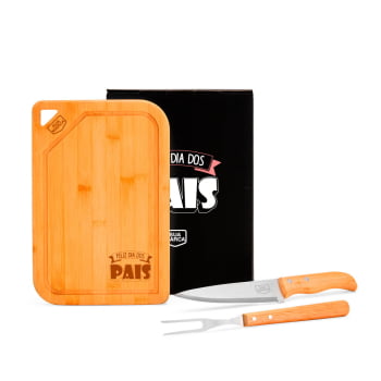Brinde Presente Dia dos Pais Personalizado Kit Churrasco Bambu e Faca SMMX-70066-PAI