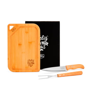 Brinde Presente Dia dos Pais Personalizado Kit Churrasco Bambu e Faca SMMX-70066-PAI
