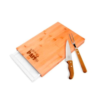 Brinde Presente dia dos Pais Personalizado Kit Churrasco Personalizado Bambu / Madeira / Inox 4 Peças SMMB-37063-PAI