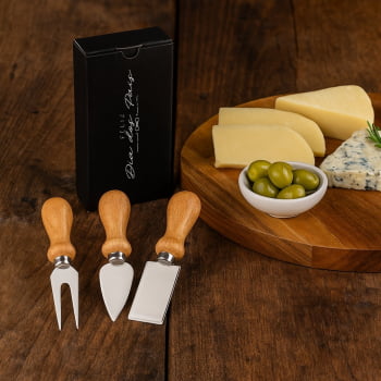 Brinde Presente dia dos Pais Personalizado Kit Queijo 4 Peças Inox / Madeira SMCJ-00043-PAI