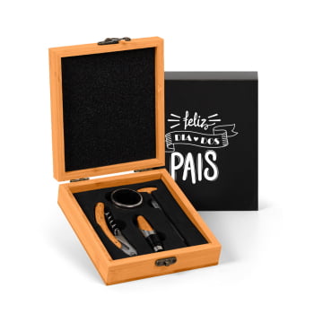 Brinde Presente Dia dos Pais Personalizado Kit Vinho Bambu 5 itens SMPV-00833-PAI