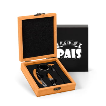 Brinde Presente Dia dos Pais Personalizado Kit Vinho Bambu 5 itens SMPV-00833-PAI