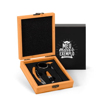 Brinde Presente Dia dos Pais Personalizado Kit Vinho Bambu 5 itens SMPV-00833-PAI