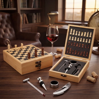 Brinde Presente Dia dos Pais Personalizado Kit Vinho Xadrez 4 Peças X19131