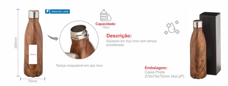 Garrafa Personalizada Aço Inox 750ml SMIS-00768-BV Brindes Personalizados