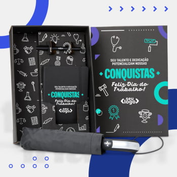 Kit Dia do Trabalho Personalizado Guarda-Chuva, Caderno e Caneta SMKT-90409-TRB Brinde Personalizado