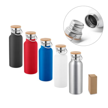 25 Squeezes Garrafa Térmica 570 ml Aço Inox e Tampa Bambu e Alça Brinde Personalizado Bebidas Quentes e Frias