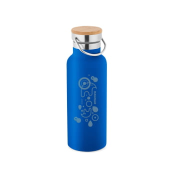 25 Squeezes Garrafa Térmica 570 ml Aço Inox e Tampa Bambu e Alça Brinde Personalizado Bebidas Quentes e Frias