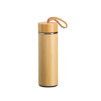 Garrafa Térmica Personalizada 400 ml Squeeze Aço Inox e Bambu com Infusor e Alça Tecido