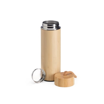 Garrafa Térmica Personalizada 400 ml Squeeze Aço Inox e Bambu com Infusor e Alça Tecido