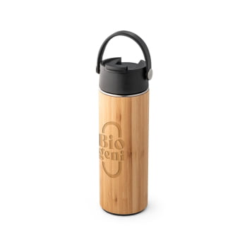 Squeeze Garrafa Térmica 440 ml Aço Inox e Bambu Brinde Personalizado Sustentável Bebidas Quentes e Frias