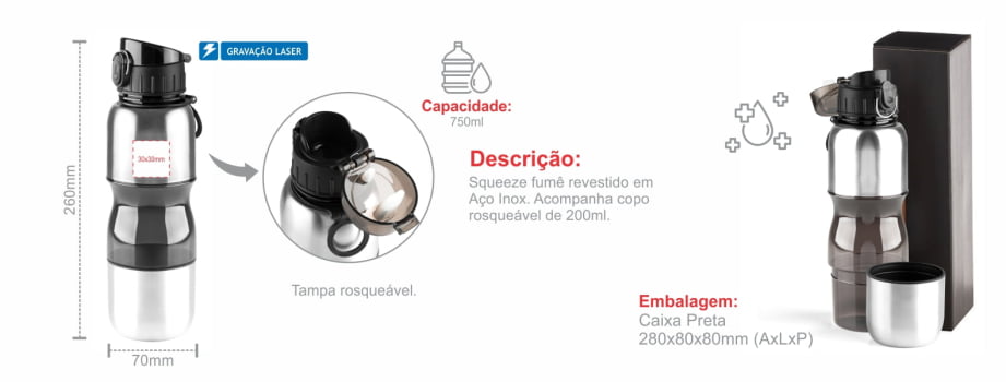 Squeeze Personalizado Aço Inox 750 ML SMIS-01751 Brinde Personalizado