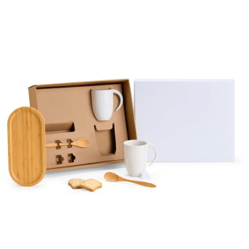 Kit Café Personalizado Bambu e Cerâmica 5 Peças SMKT-90296-BCO Brindes Personalizados