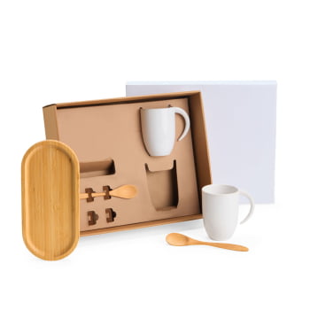 Kit Café Personalizado Bambu e Cerâmica 5 Peças SMKT-90296-BCO Brindes Personalizados