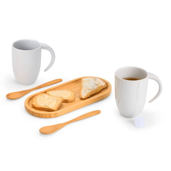 Kit Café Personalizado Bambu e Cerâmica 5 Peças SMKT-90296-BCO Brindes Personalizados