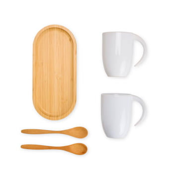 Kit Café Personalizado Bambu e Cerâmica 5 Peças SMKT-90296-BCO Brindes Personalizados