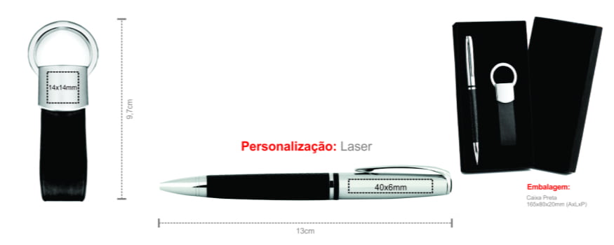 Kit Caneta e Chaveiro Metal / Couro Sintético SMCC-31281 Brinde Personalizado
