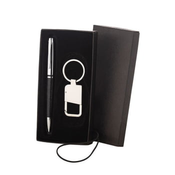 Kit Caneta e Chaveiro Metal / Couro Sintético SMCC-31591 Brindes Personalizados