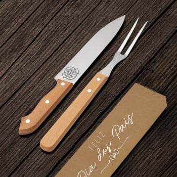 Brinde Presente Dia dos Pais Personalizado Kit Churrasco Garfo e Faca Caixa 2 Peças X07443-PAI